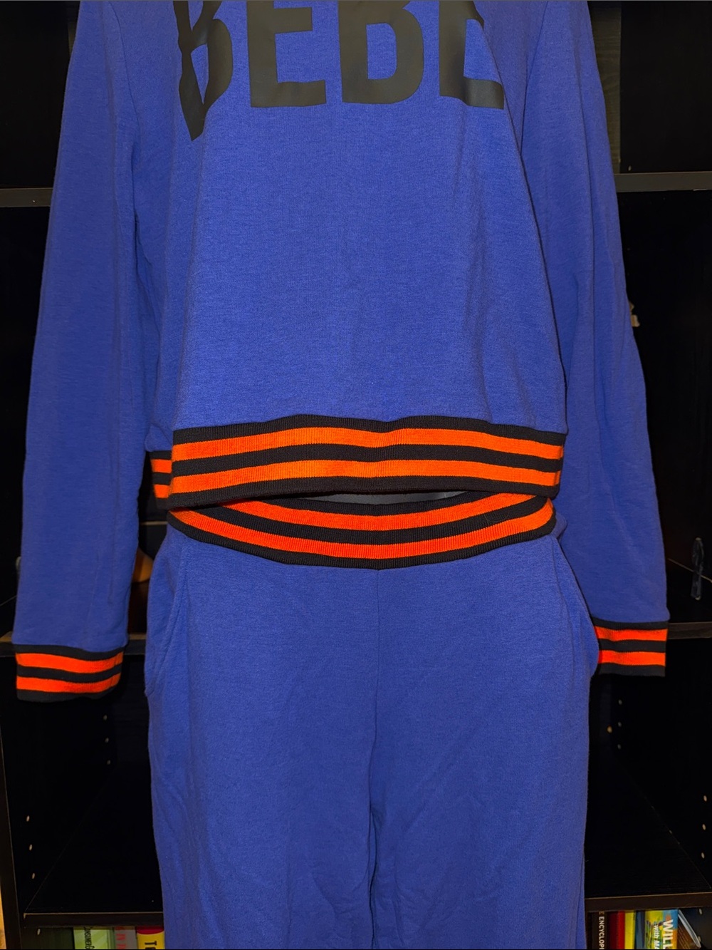 bebe Royal Blue Two-Piece Sweat Set with Orange & Black Trim